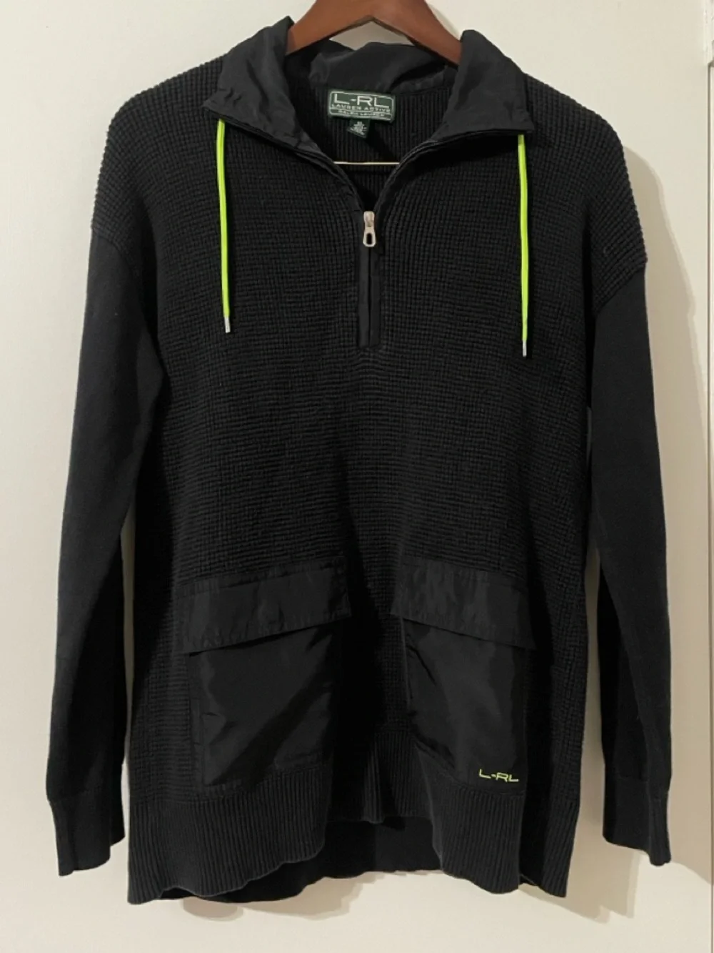 Lauren Active Ralph Lauren Mixed Media Knit Quarter-Zip Sweater - Black/Neon - M
